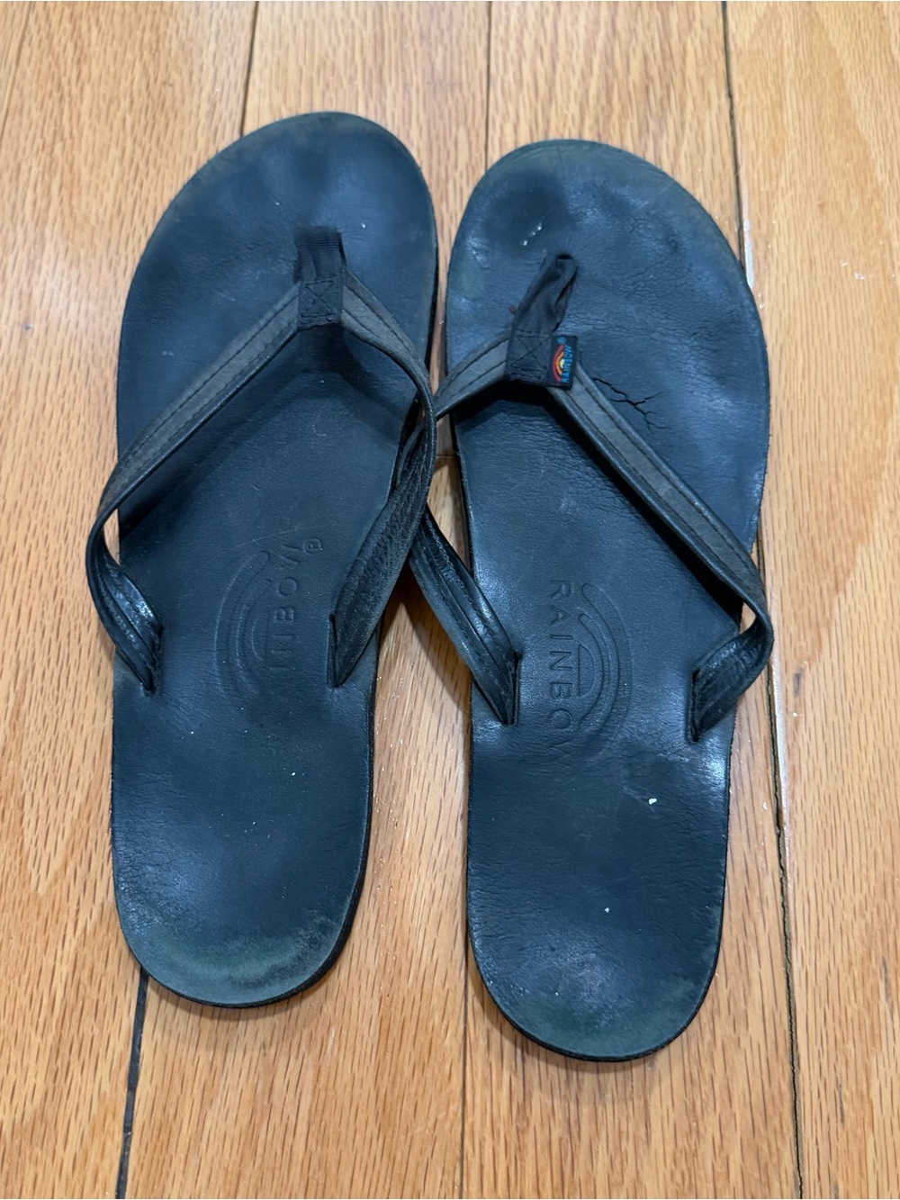 Rainbow Black Leather Flip Flop Sandals